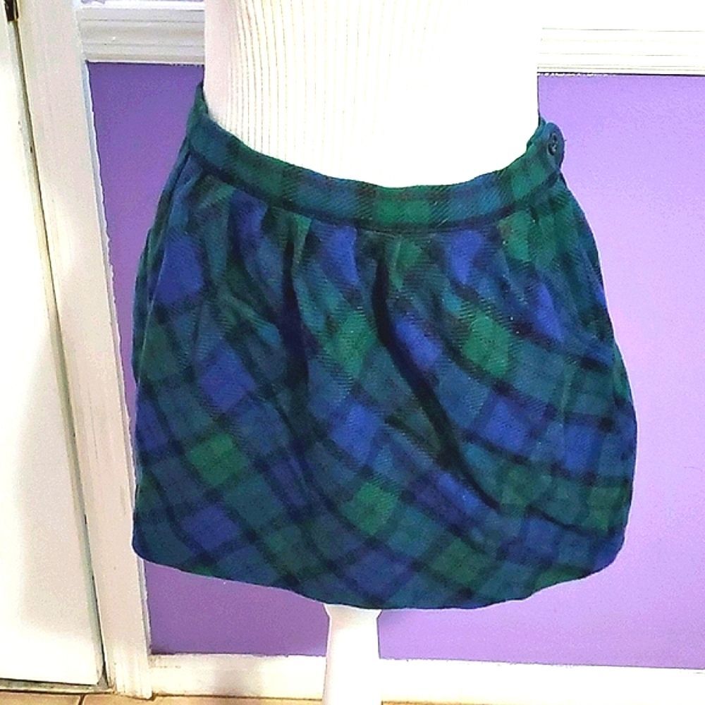 Navy & Green Plaid Wool Blend Y2K Academia Pleated Mini Skirt 2